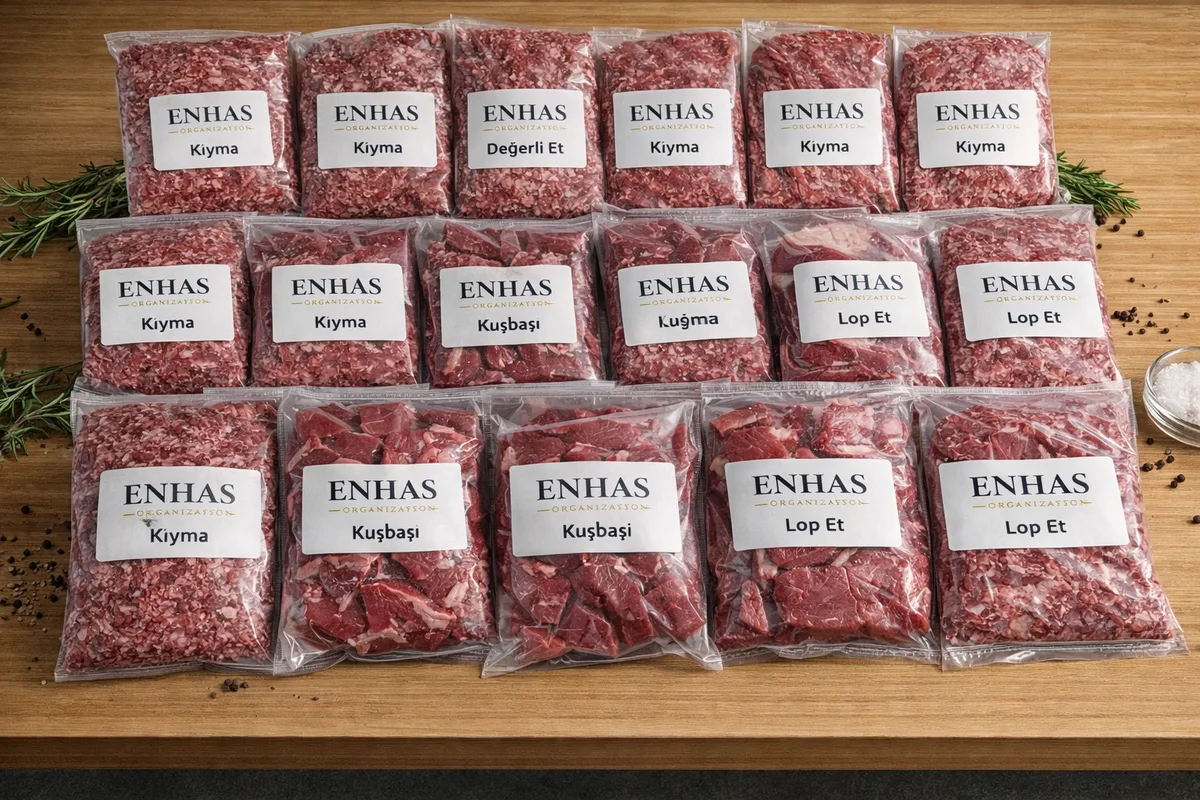Enhas etiketli vakumlu kurban eti paketleri — hissedara özel hazırlık